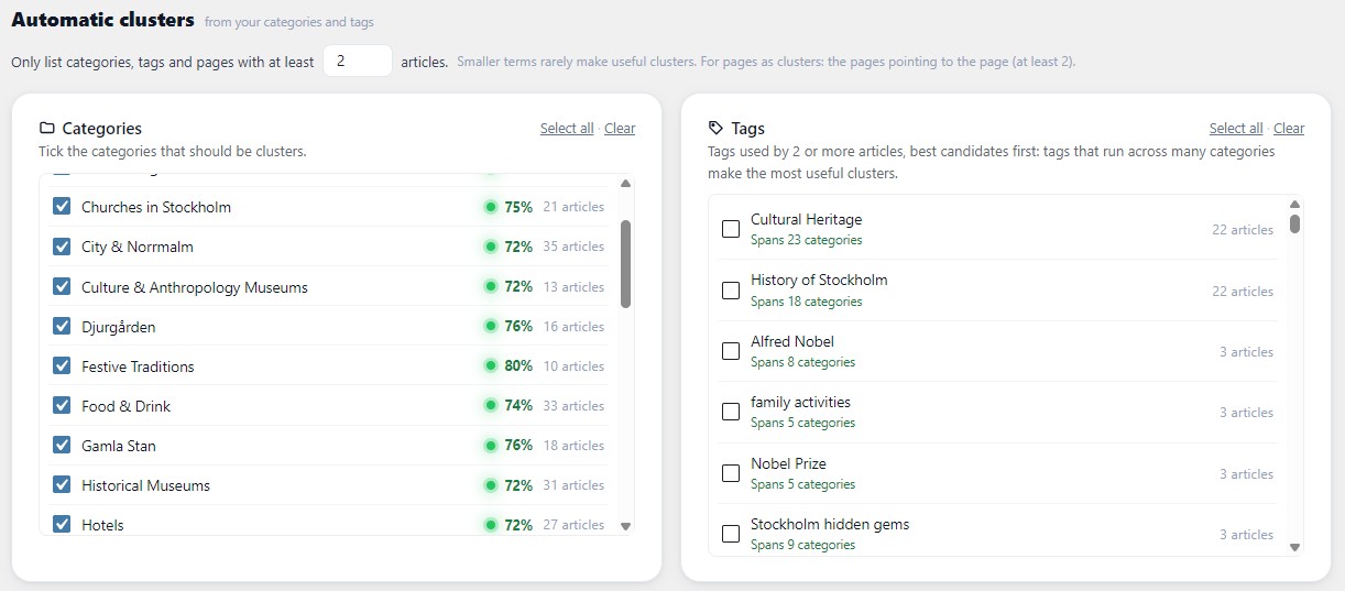 Cluster Admin: choose which categories and tags become clusters.