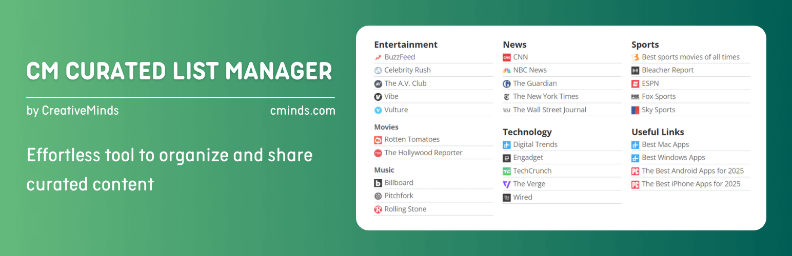WordPress 外掛 CM Curated List Manager – Effortless tool to organize and share curated content 的封面圖片。