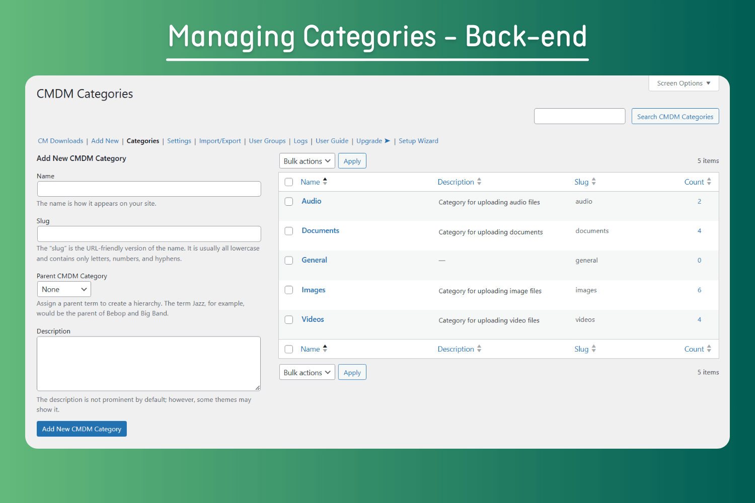 Managing Categories - Back-end