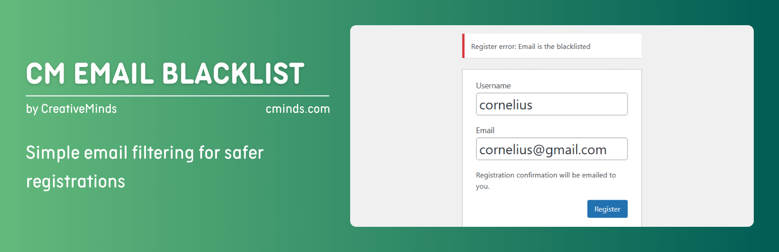 WordPress 外掛 CM E-Mail Blacklist – Simple email filtering for safer registration 的封面圖片。