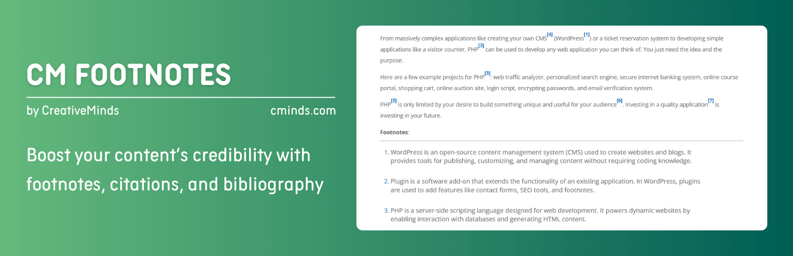 WordPress 外掛 CM Footnotes  – Boost your content’s credibility with footnotes, citations, and bibliography 的封面圖片。