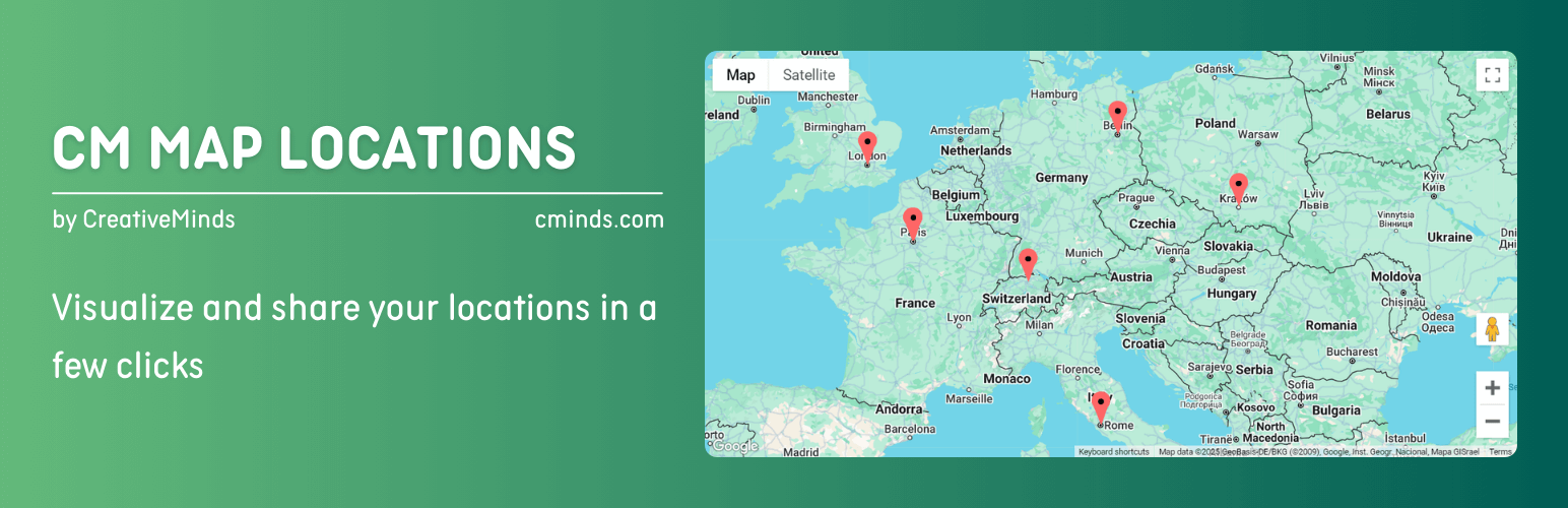 WordPress 外掛 CM Map Locations – Visualize and share your locations in a few clicks 的封面圖片。
