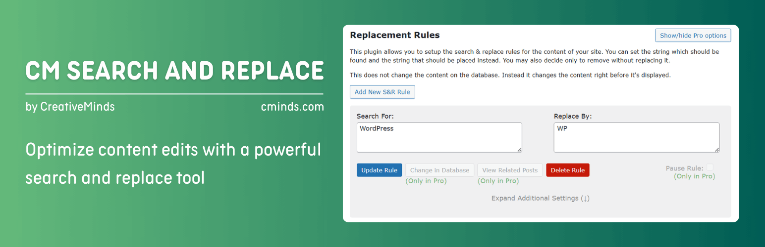 WordPress 外掛 CM Search And Replace – Optimize content edits with a powerful search and replace tool 的封面圖片。