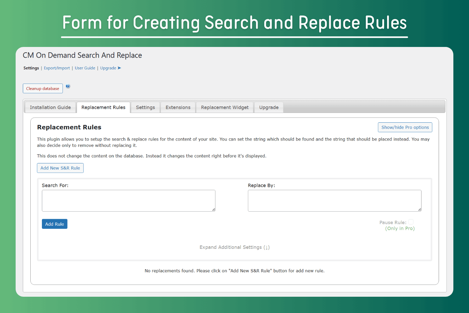 Form for Creating Search and Replace Rules