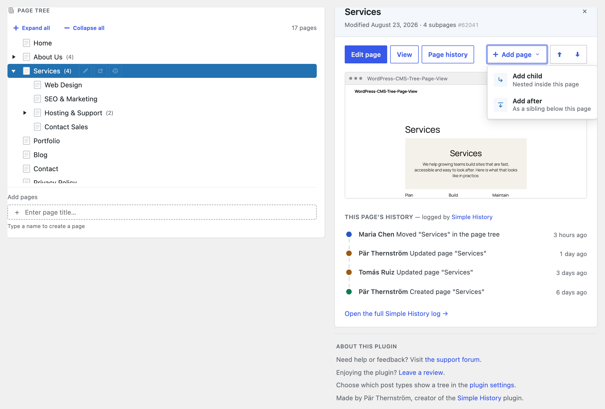 Select any page to edit, view, add a child, or reorder it — right from the tree.
