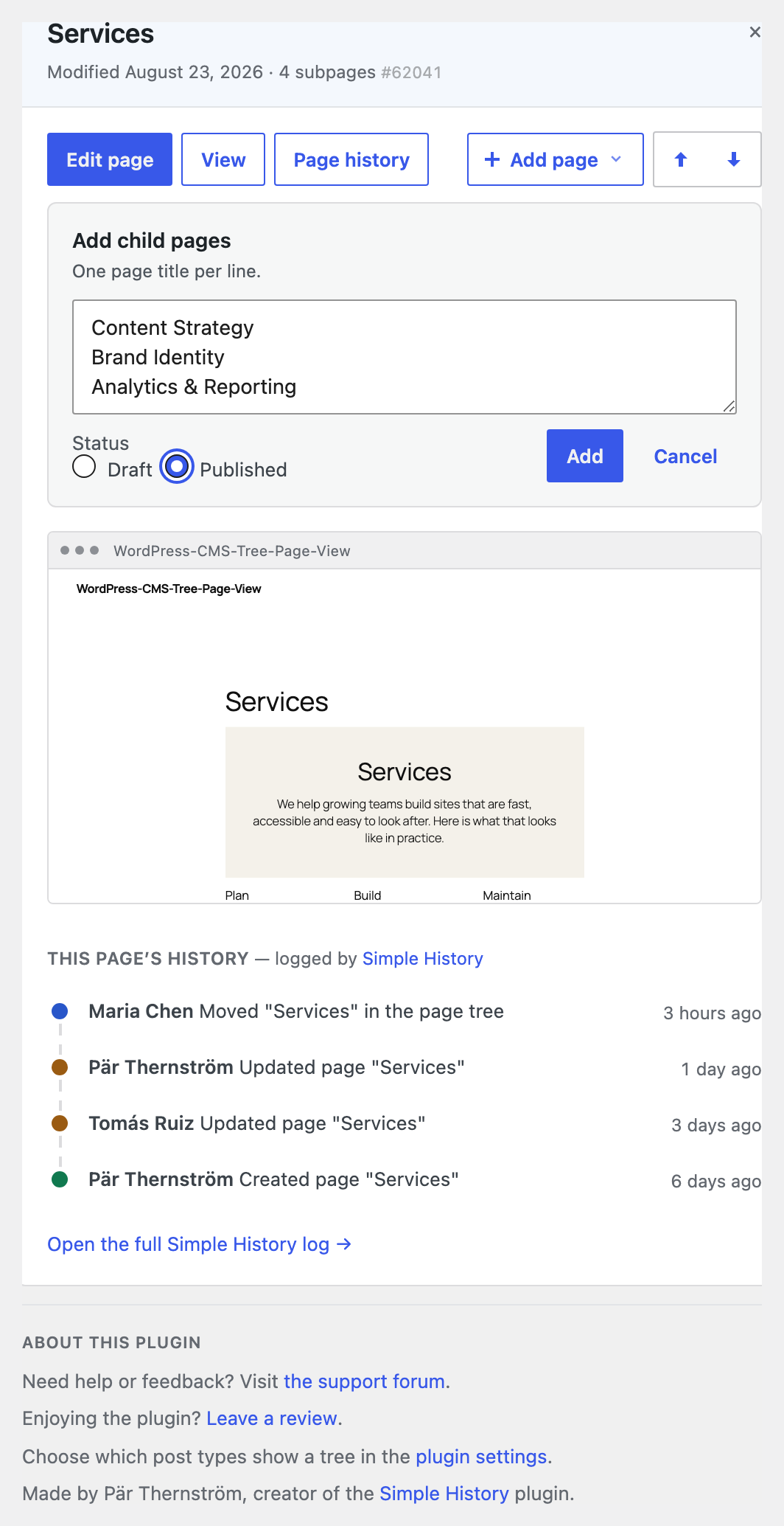 Add several pages at once — type one title per line, as drafts or published.