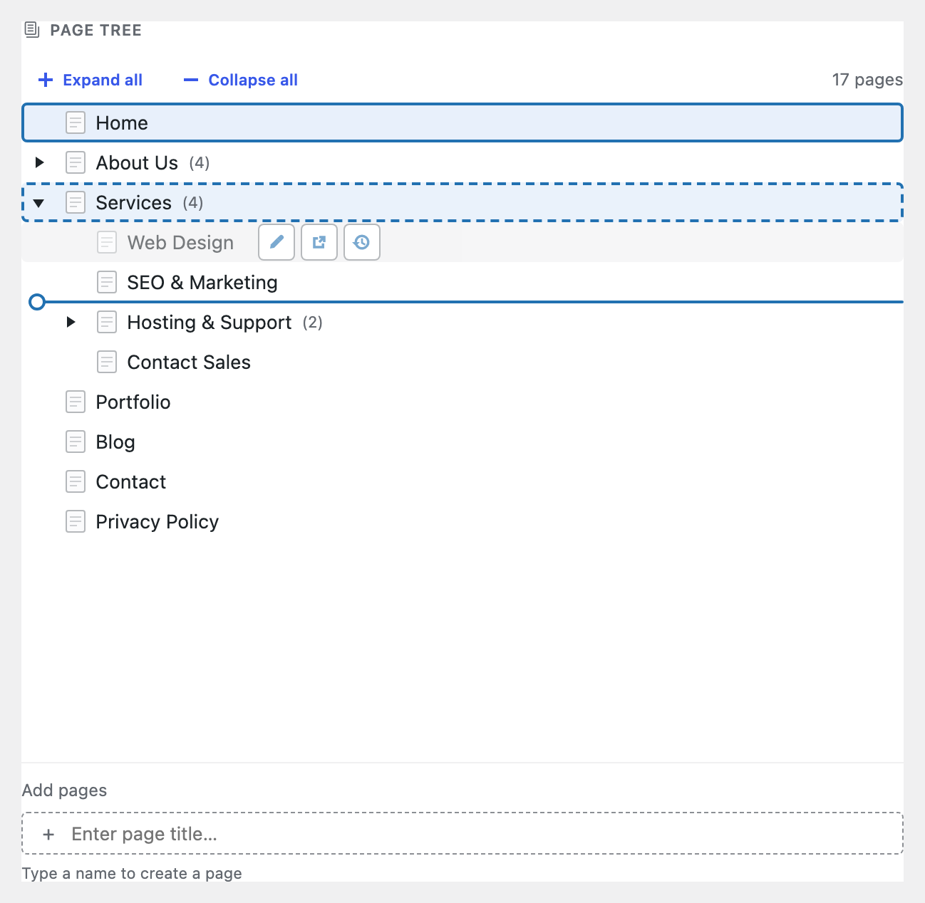 Drag and drop to reorder pages — the new order is saved automatically.