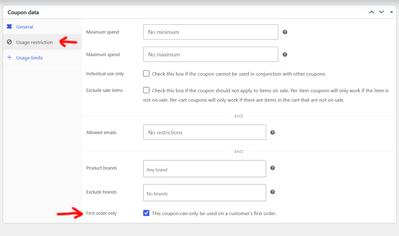 The "First order only" checkbox on the coupon Usage restriction tab.