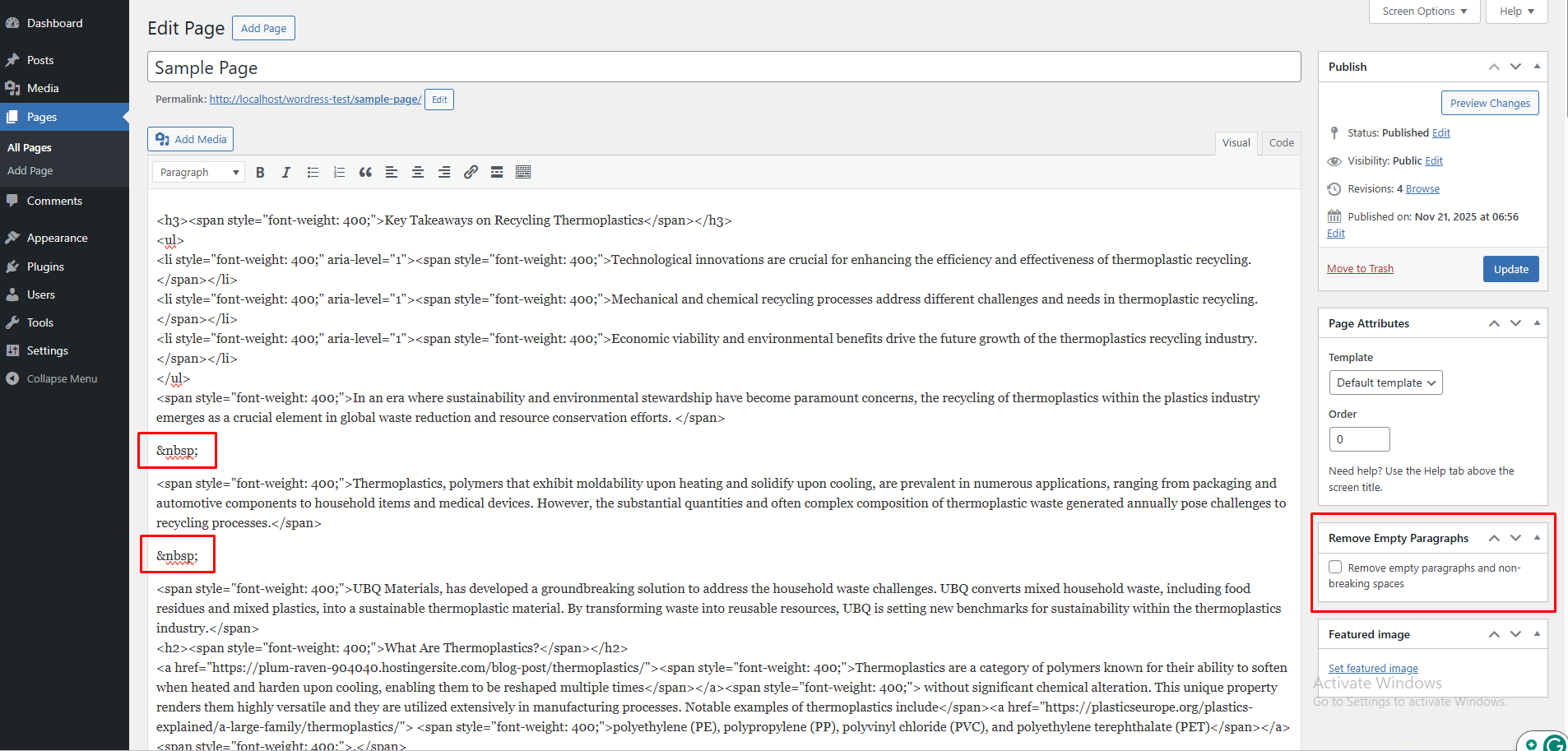 WordPress page editor showing the Remove Empty Paragraphs checkbox in the sidebar