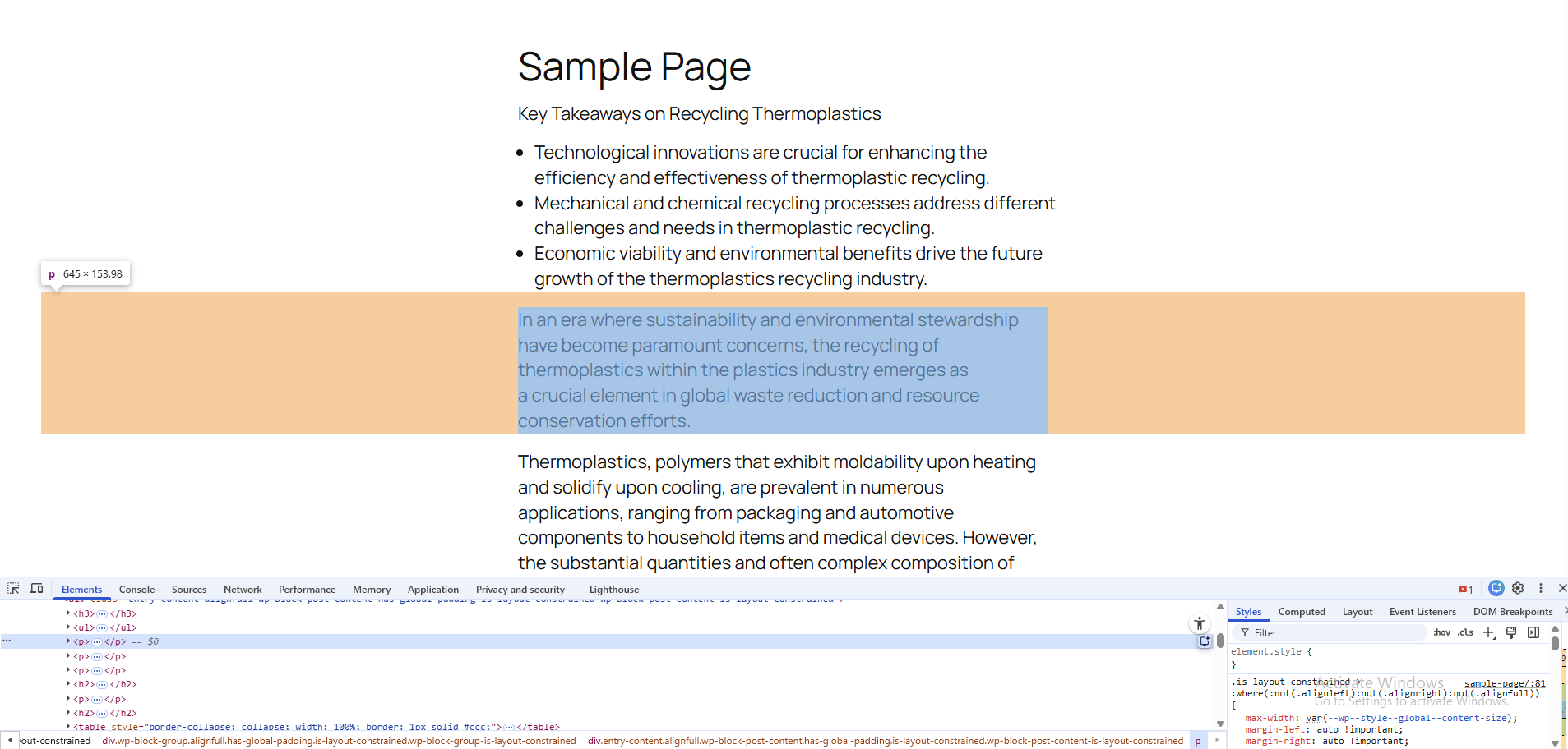 Frontend view of the WordPress page showing no extra spacing after empty paragraphs are removed
