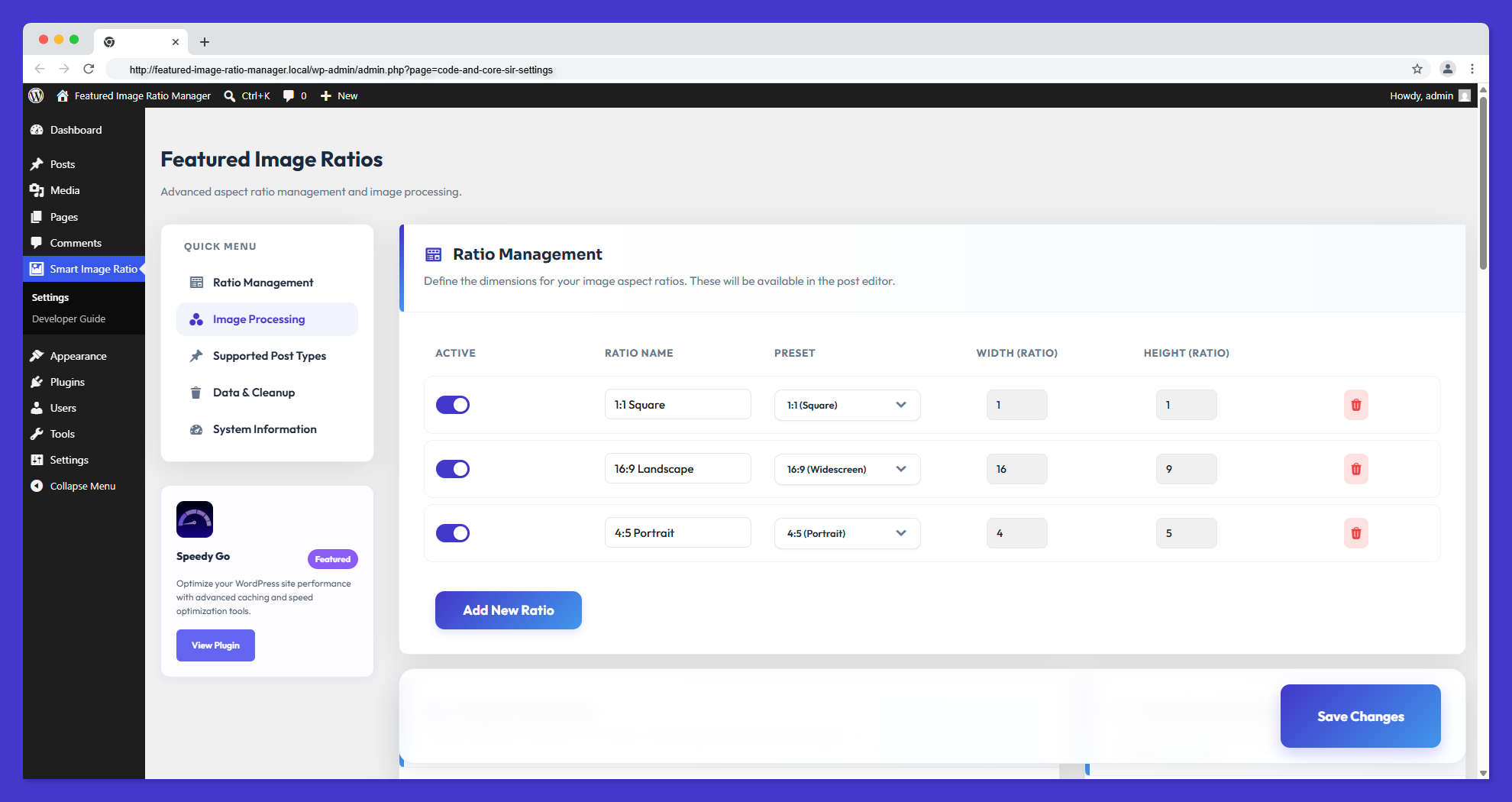 Dashboard Settings: Define your custom ratios and processing modes.