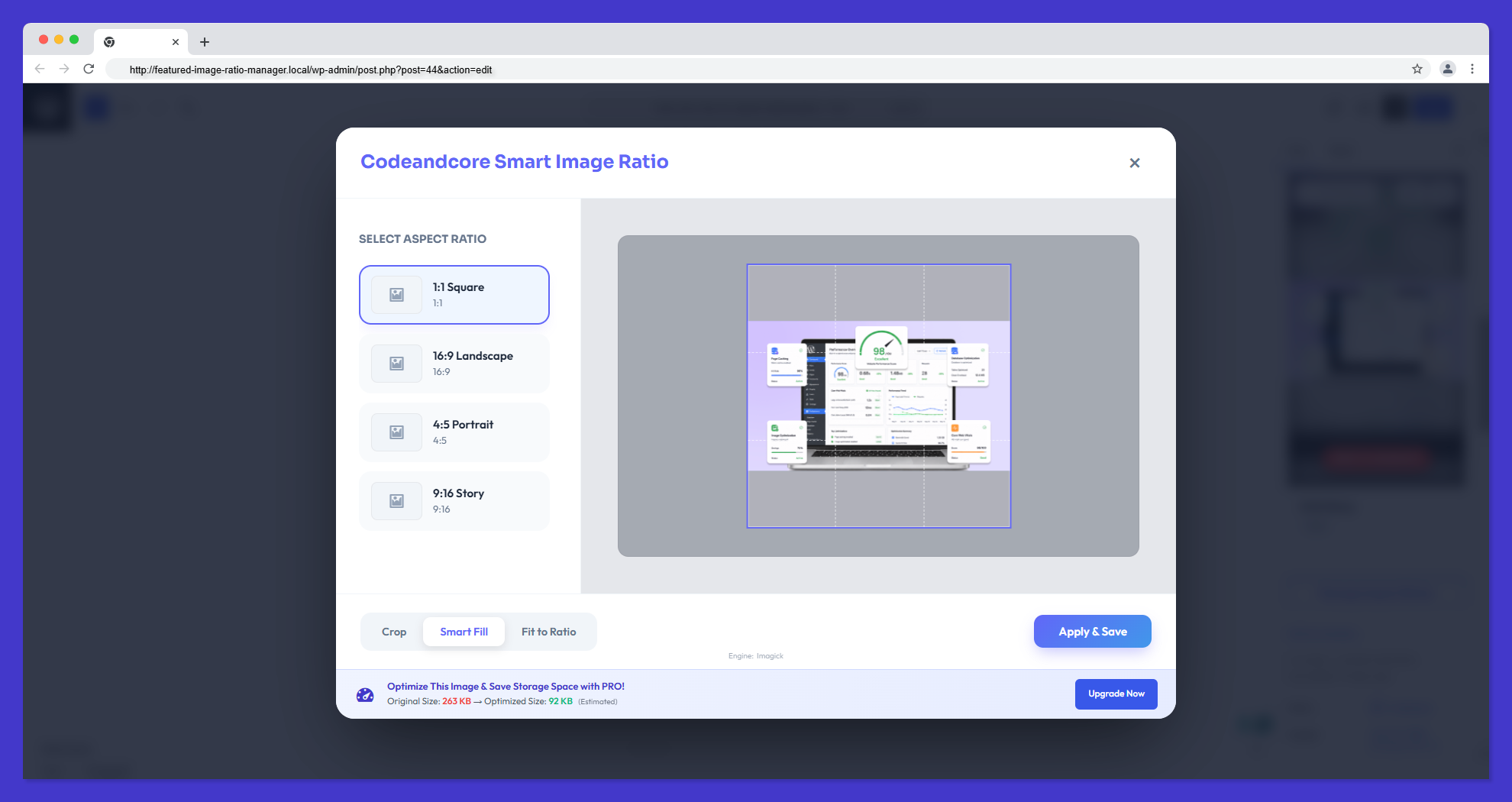 Post Editor Panel: Interactive Cropper.js interface launched directly from the Featured Image sidebar for pixel-perfect adjustments.