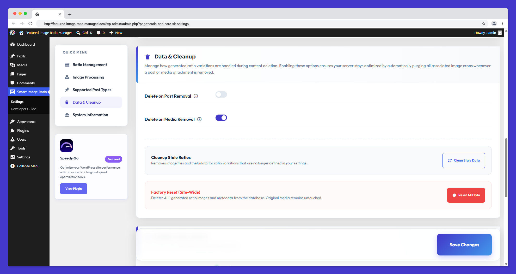 Data Cleanup Dashboard: One-click utilities for wiping plugin metadata and clearing generated images.
