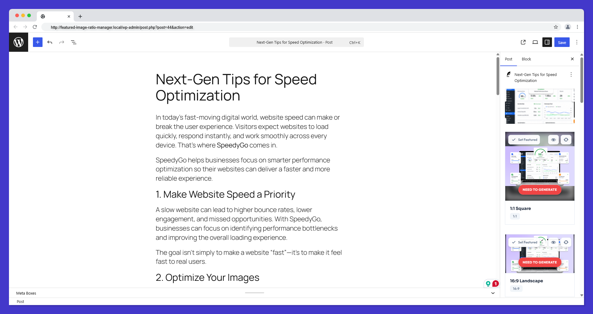 Gutenberg Integration: Managing image ratios directly within the WordPress block editor side panel.