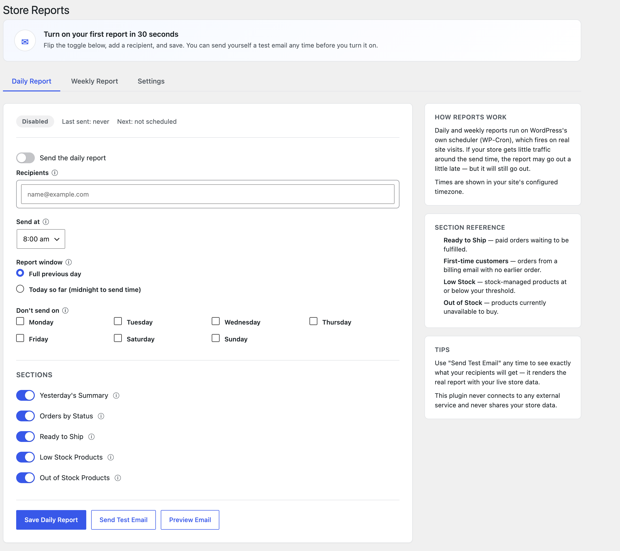 The Daily Report tab — turn on the report, add recipients, pick the send time and report window, skip specific weekdays, and switch sections on or off.