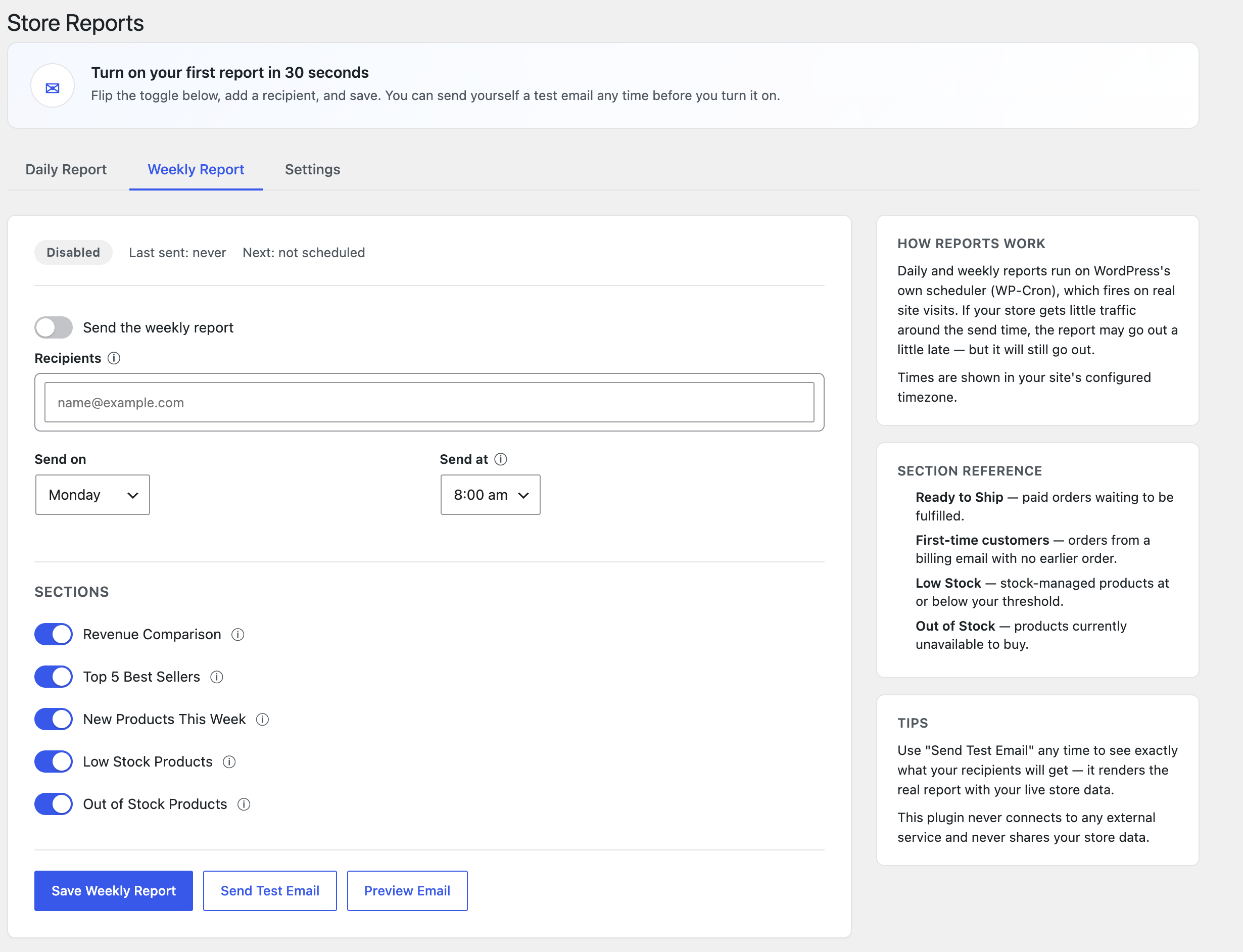 The Weekly Report tab — set the send day and time, and choose which weekly sections to include: revenue comparison, top 5 best sellers, new products, low stock, and out of stock.