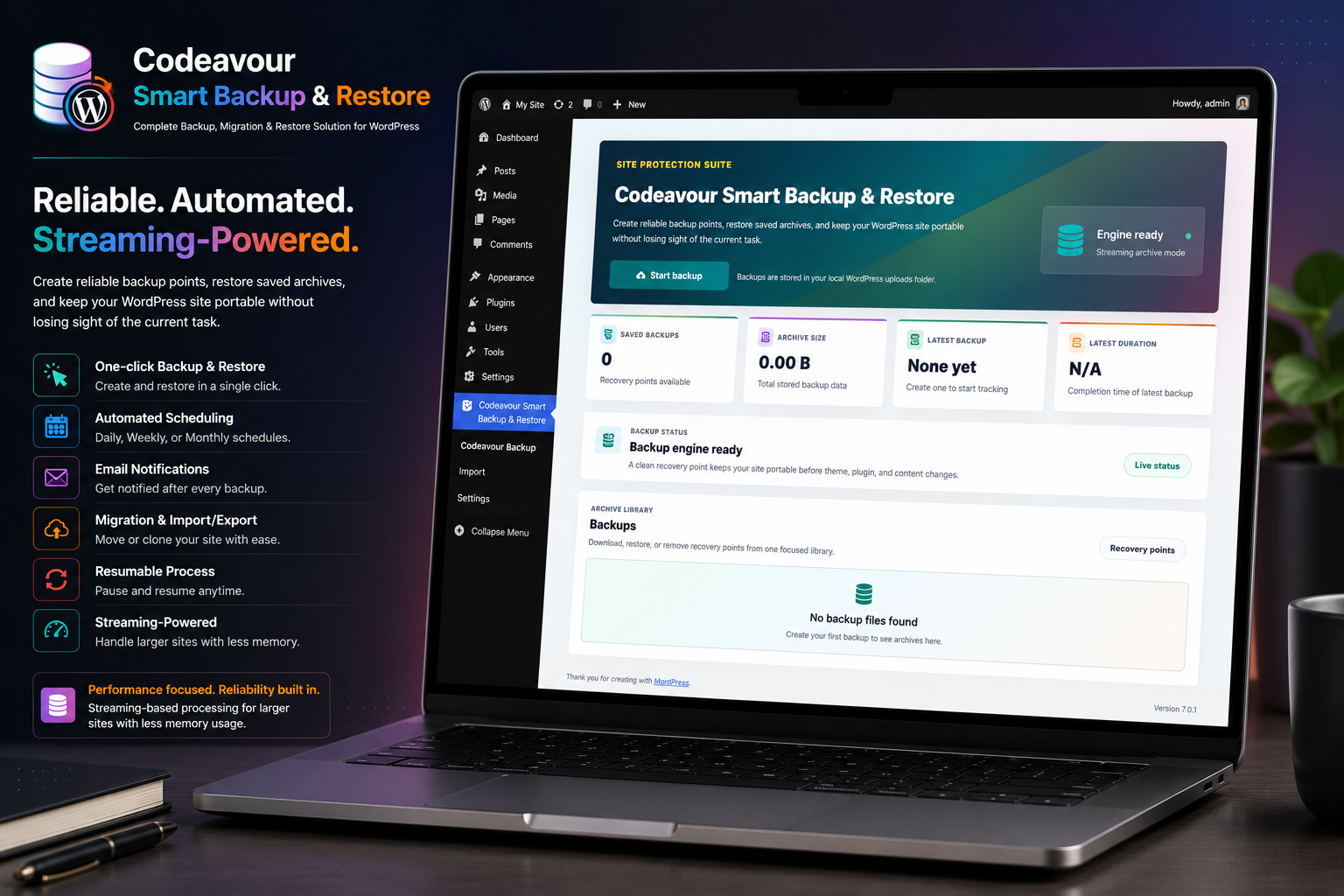 Backup Dashboard: Create one-click backups, monitor backup status, view archive statistics, and manage recovery points from a single dashboard.