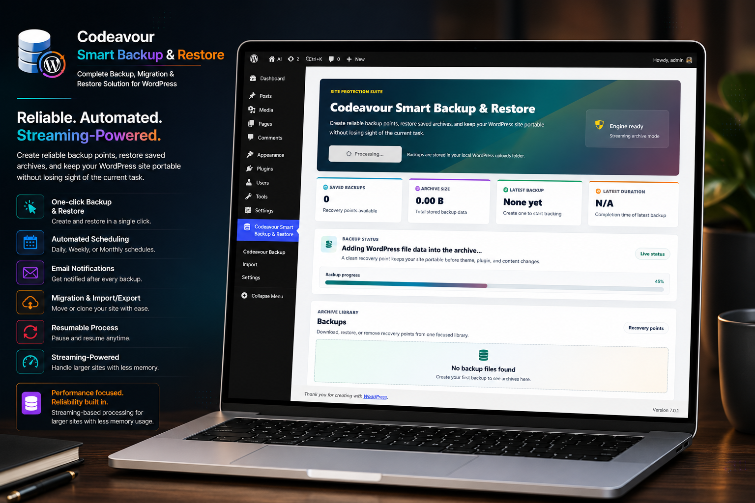 Backup in Progress: Monitor live backup progress with streaming-based processing designed to handle large WordPress sites efficiently.