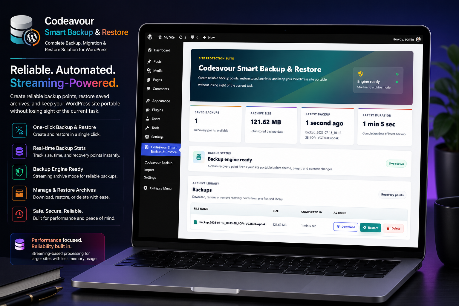 Backup Library: Browse, download, restore, or delete backup archives while keeping all recovery points organized in one place.