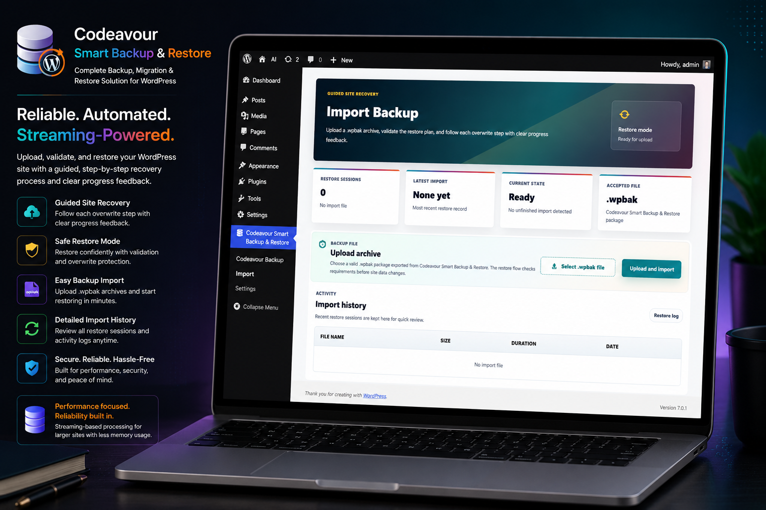 Import & Restore: Upload backup archives and restore your WordPress site using the guided import and recovery workflow.