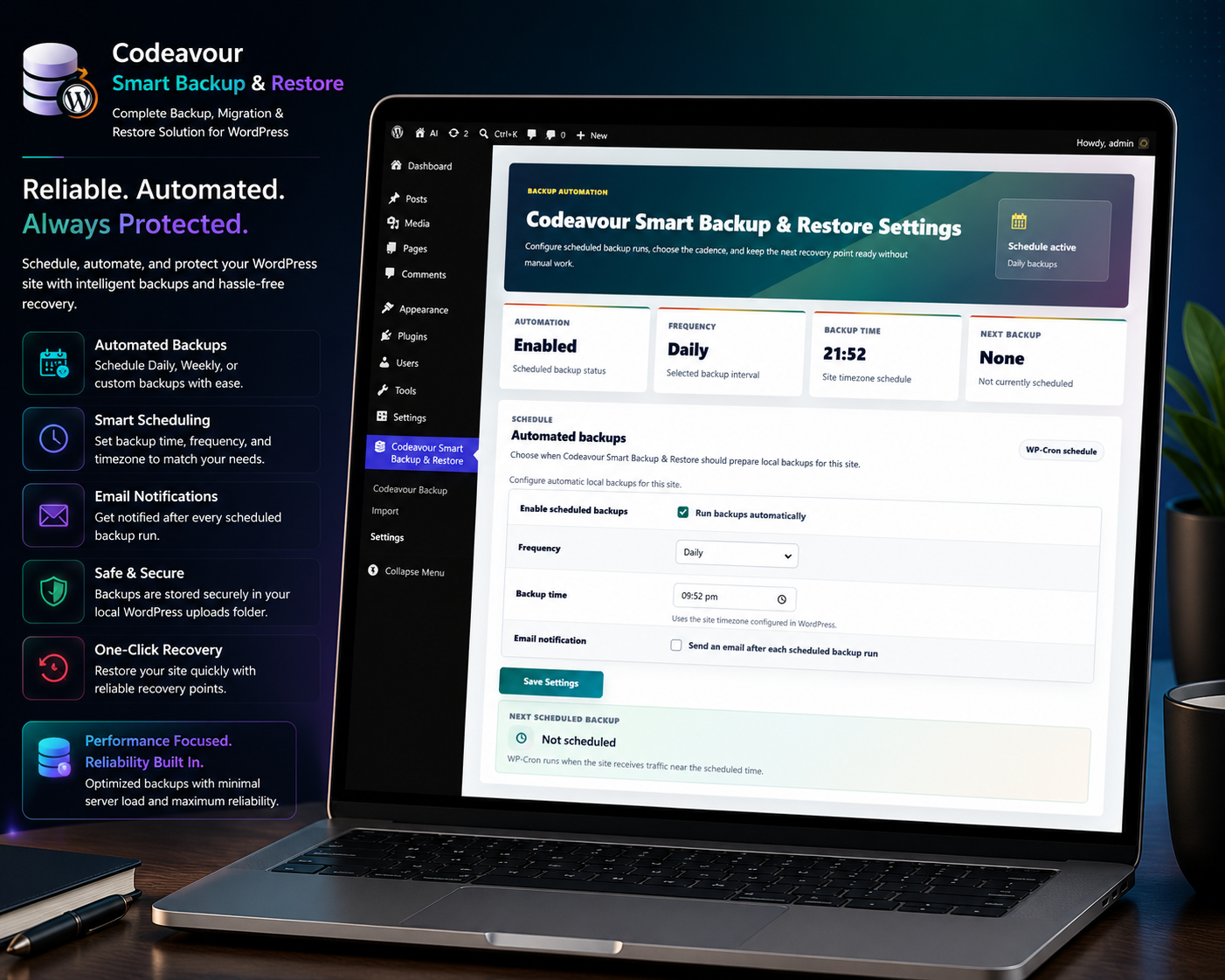 Scheduled Backups: Configure automatic Daily, Weekly, or Monthly backups with custom schedules and optional email notifications.