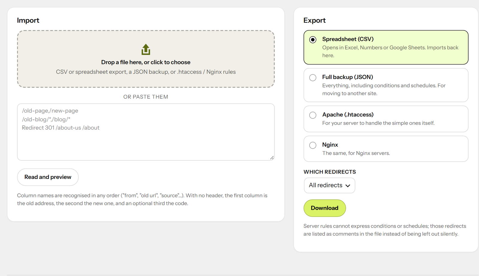 Import from a file or another plugin, export for your server