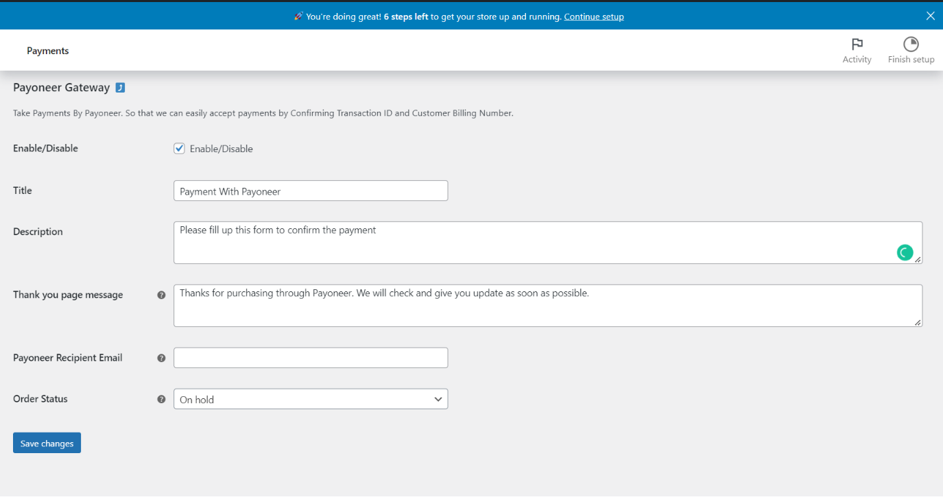 Payment Settings (Payoneer).