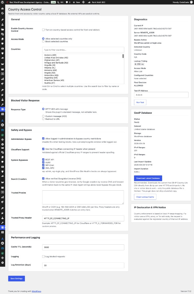 Full settings screen — General rules, blocked response, safety bypasses, performance, diagnostics, and GeoIP database status