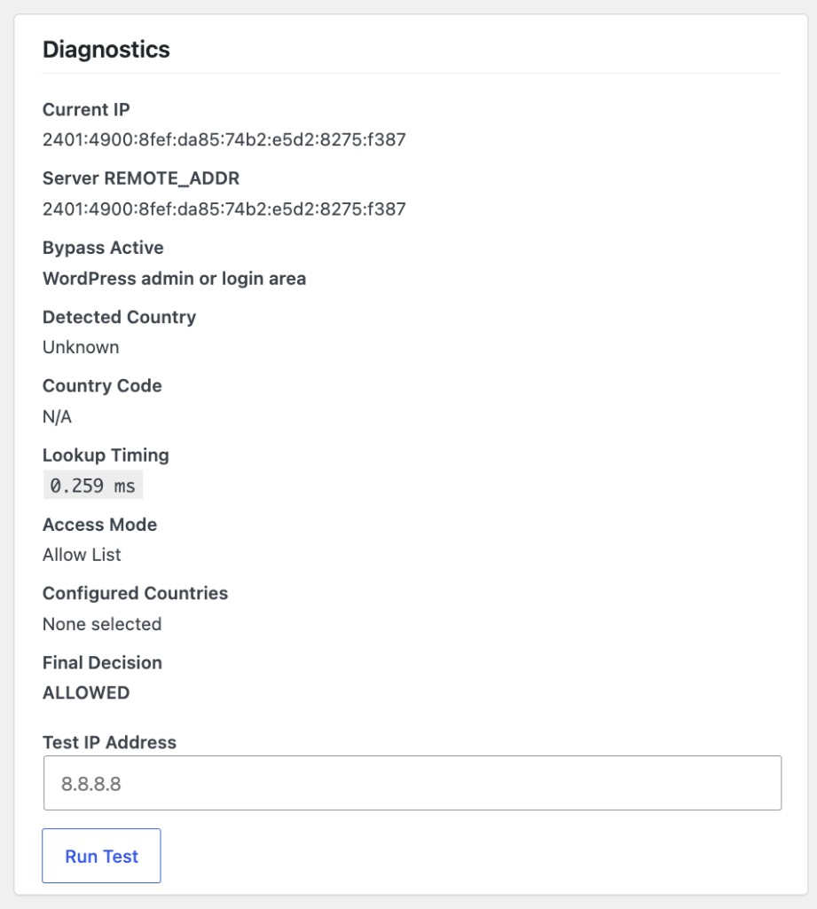 Diagnostics — current IP, detected country, lookup timing, final decision, and Test IP tool