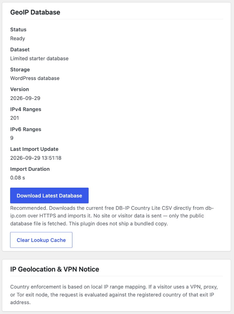 GeoIP Database — download the latest free DB-IP Country Lite dataset and clear the lookup cache