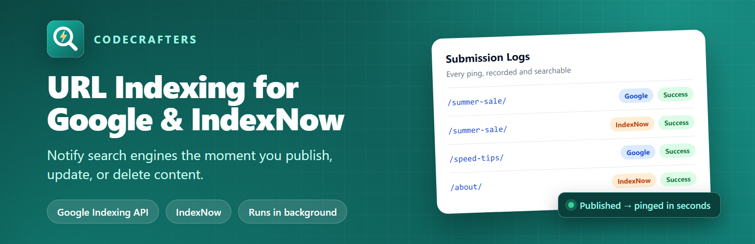 CodeCrafters URL Indexing for Google and IndexNow