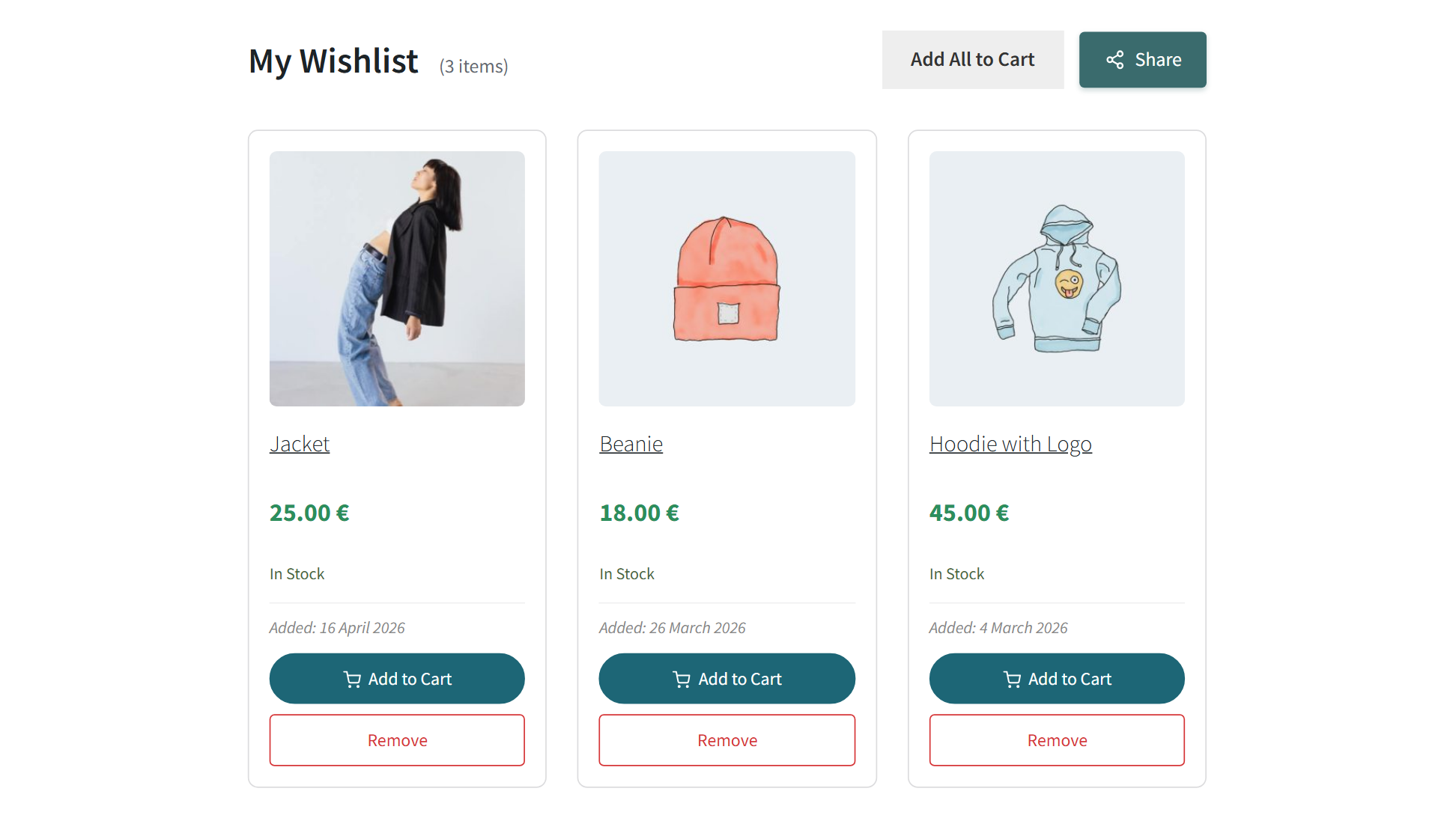 Wishlist page with product grid layout