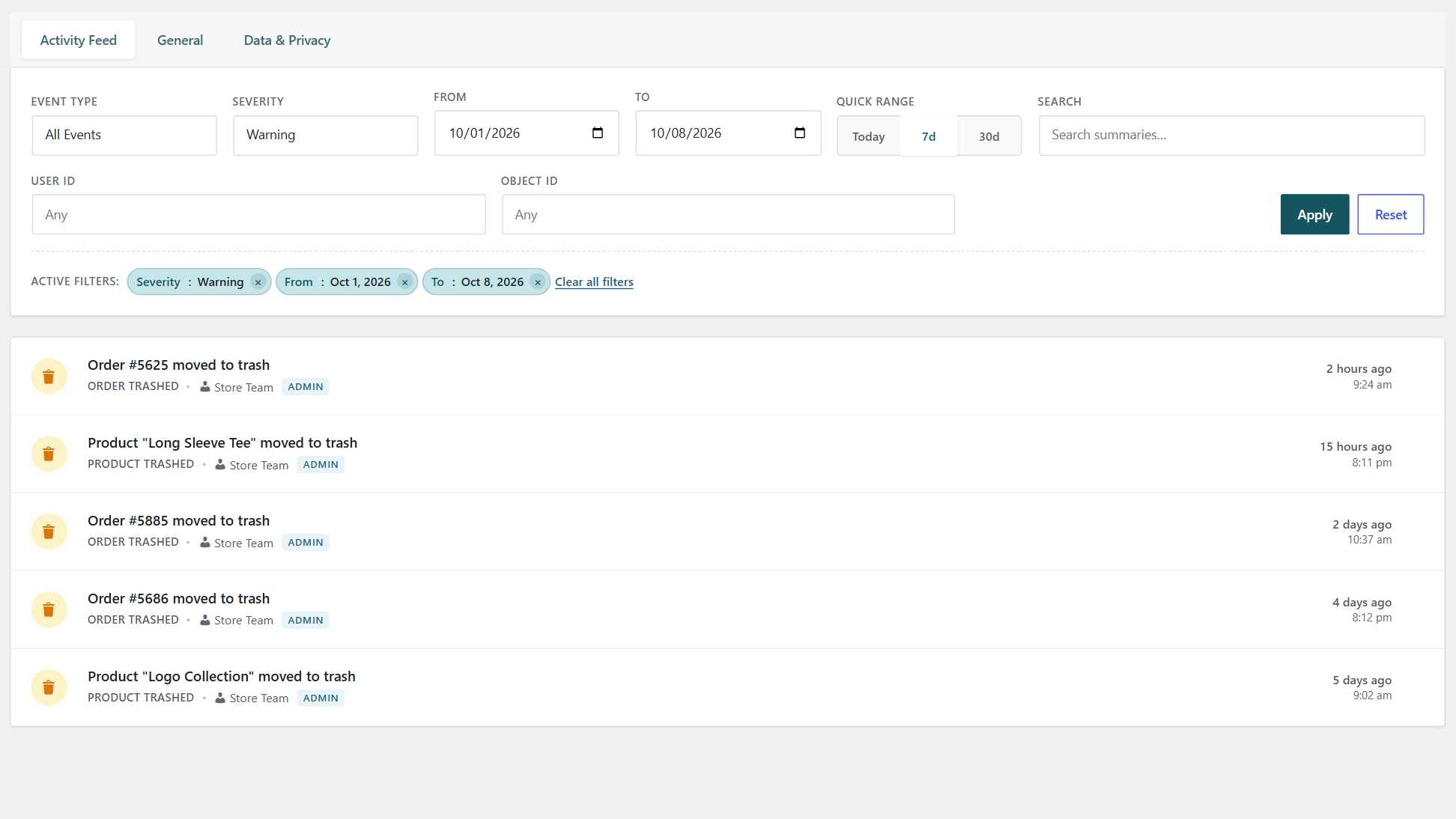 Filter bar with event type, severity, and date range filters