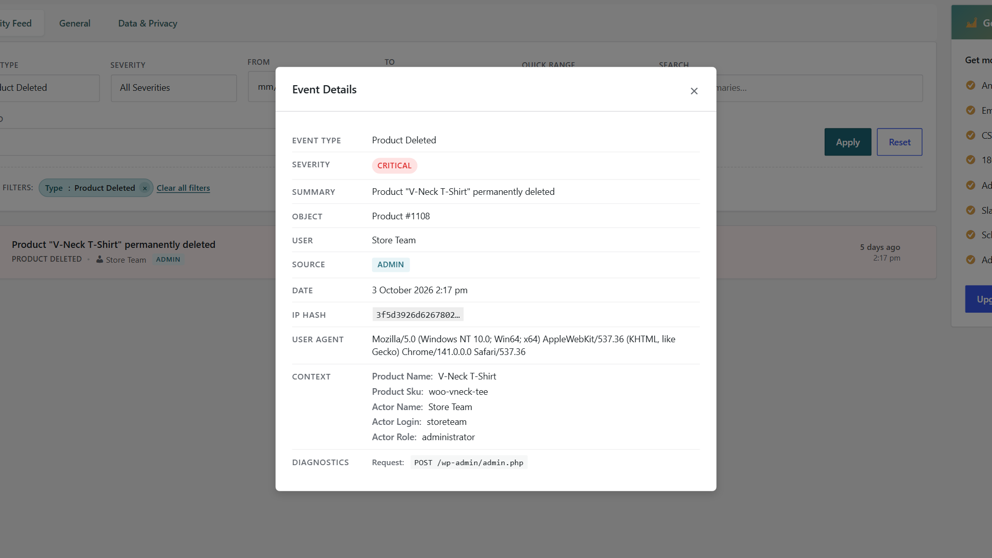 Event detail modal showing full context