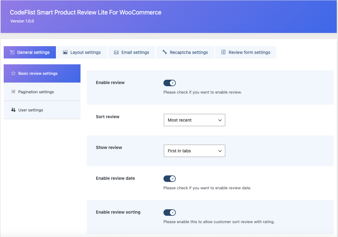 Basic Review Settings.