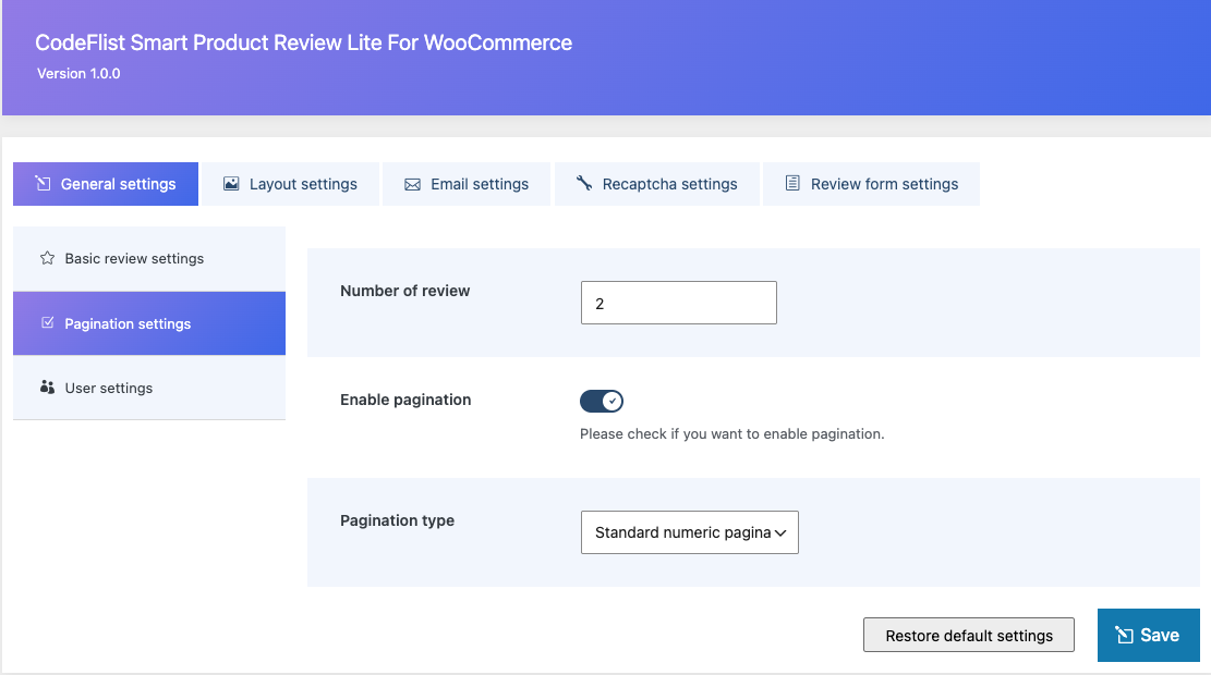 Pagination Settings.