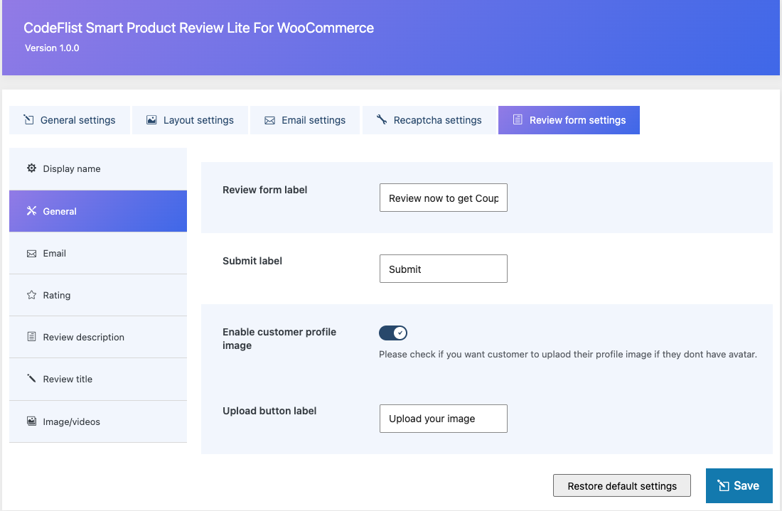 Review Form Settings.