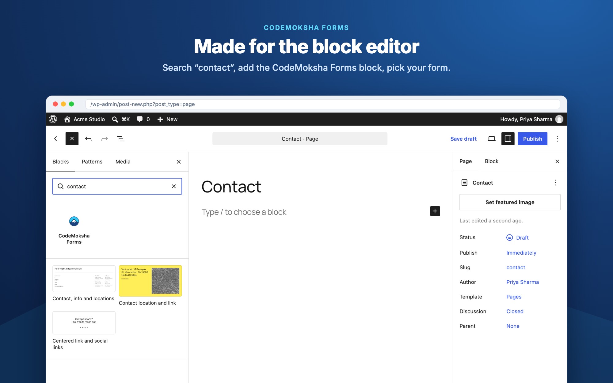 The CodeMoksha Forms block in the block editor.