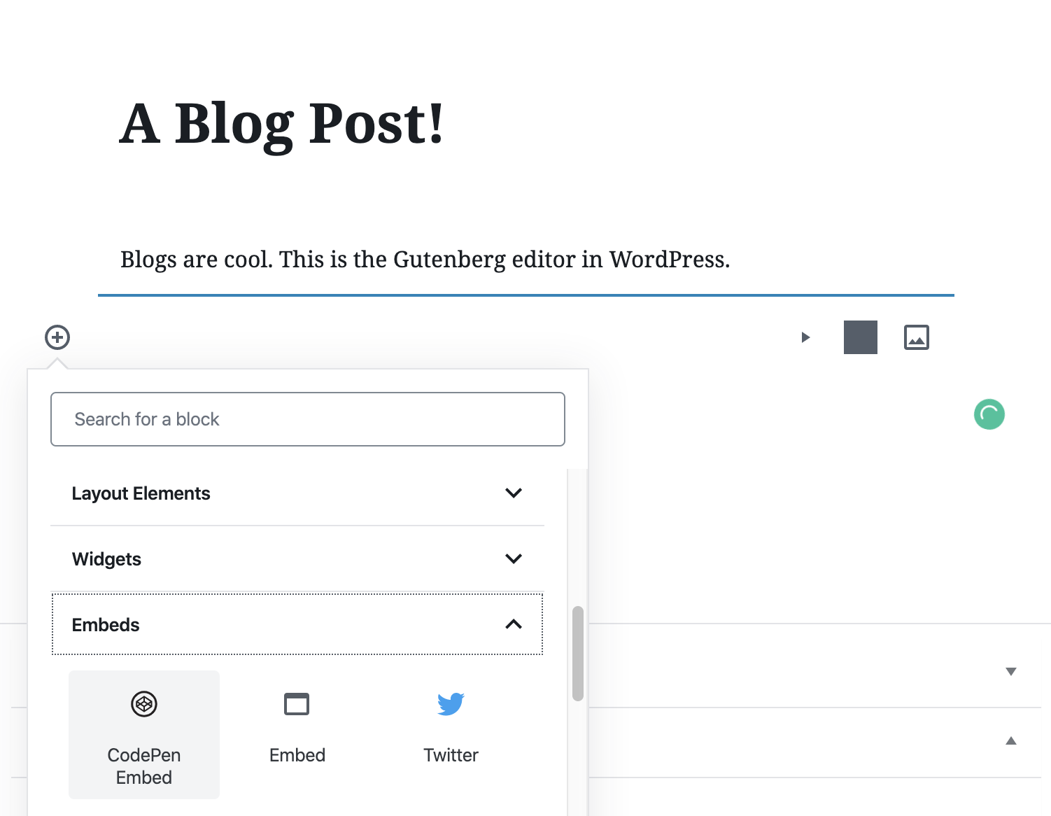 Adding a CodePen Embed block.