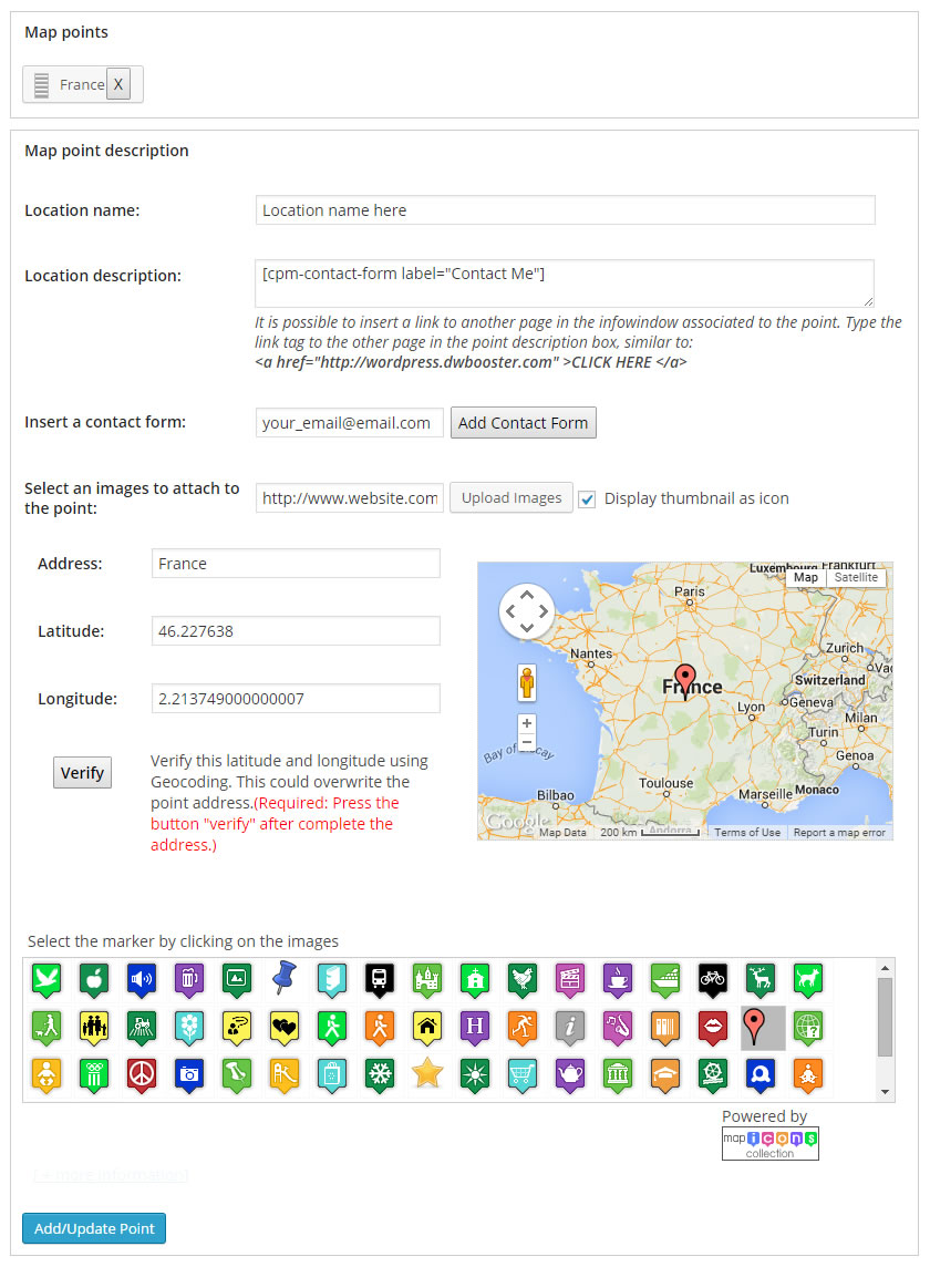 Associate the contact form with the point, and define an email address between the point's data (only available in the Developer version of the plugin)