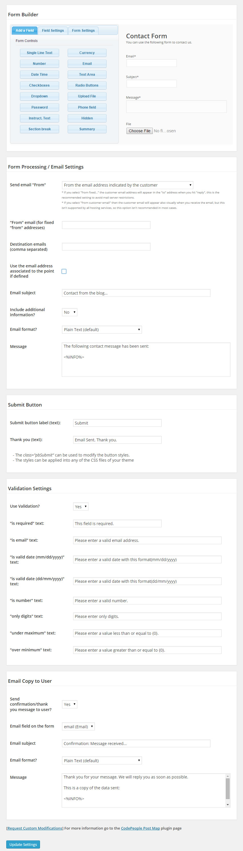 Contact Form Builder (only available in the Developer version of the plugin)