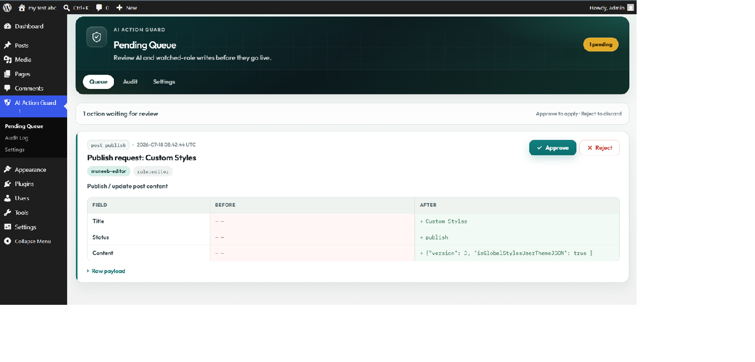 Pending Queue — review AI and watched-role writes before they go live