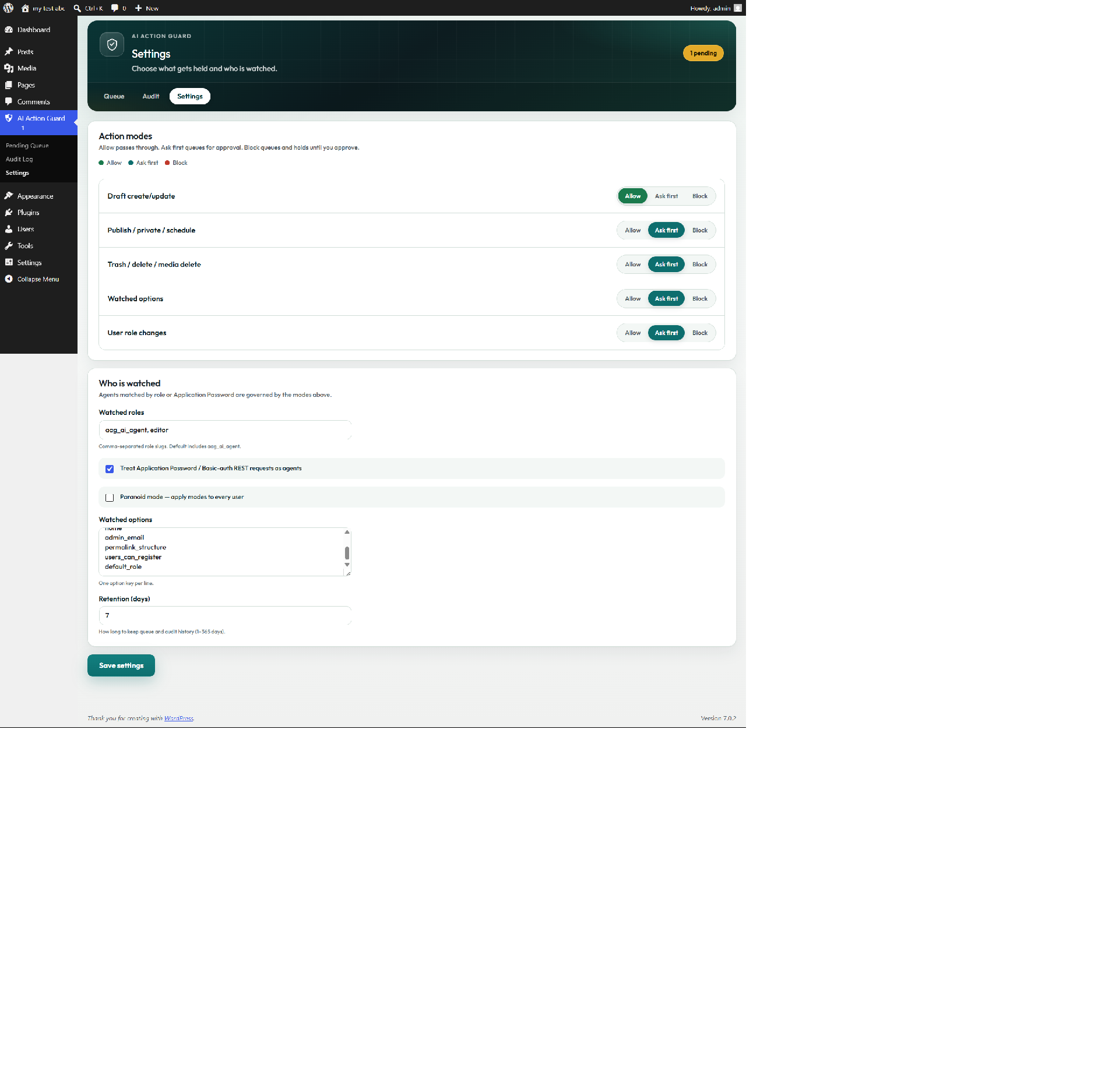 Audit Log — approved actions with one-click undo when available