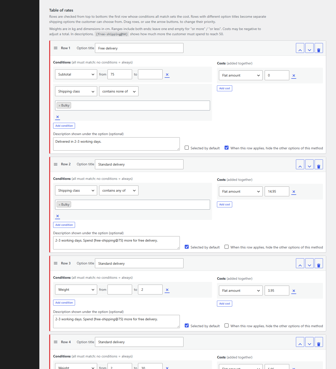The table of rates: rows with conditions, costs, option titles and descriptions.
