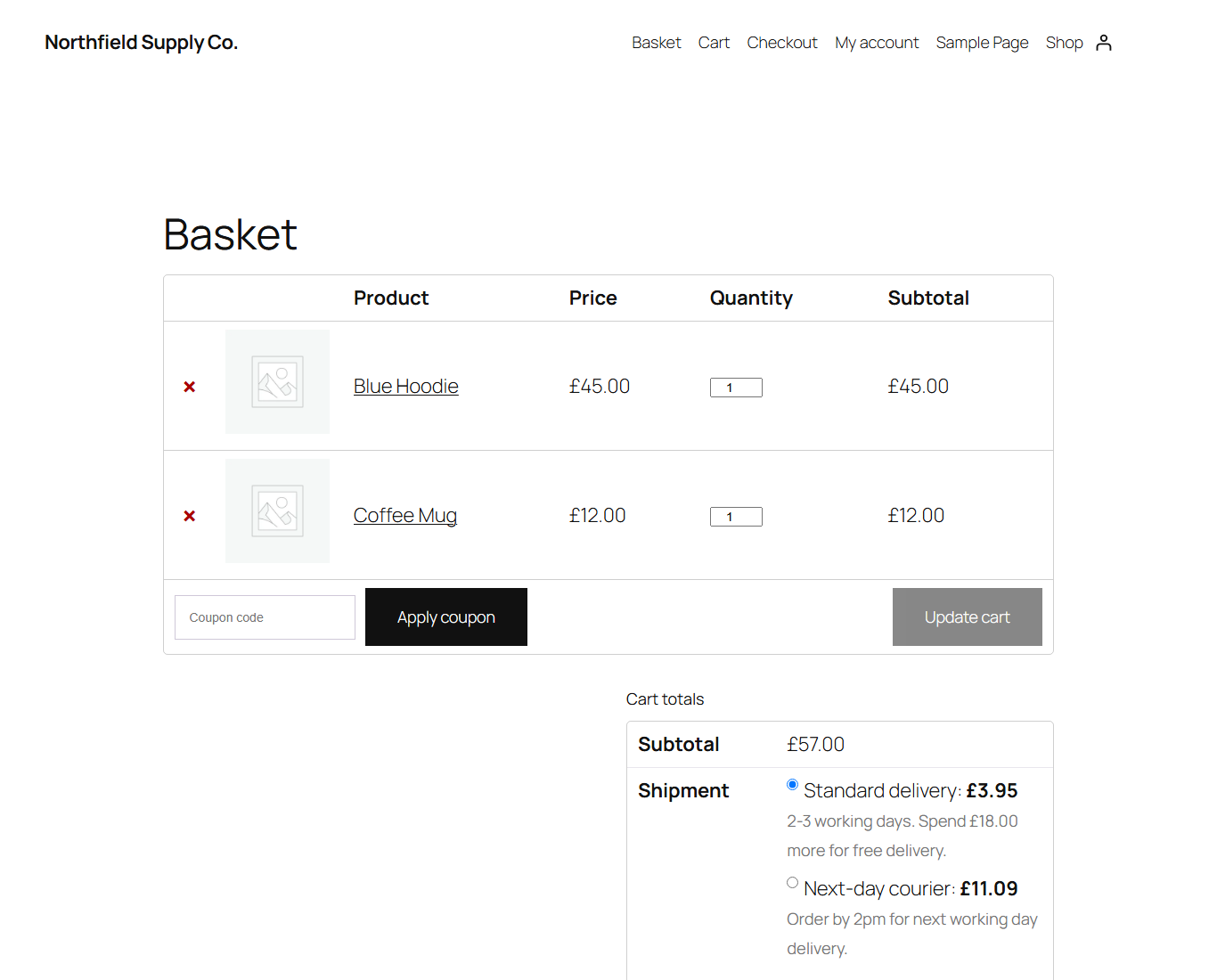 The classic cart showing table rate options.