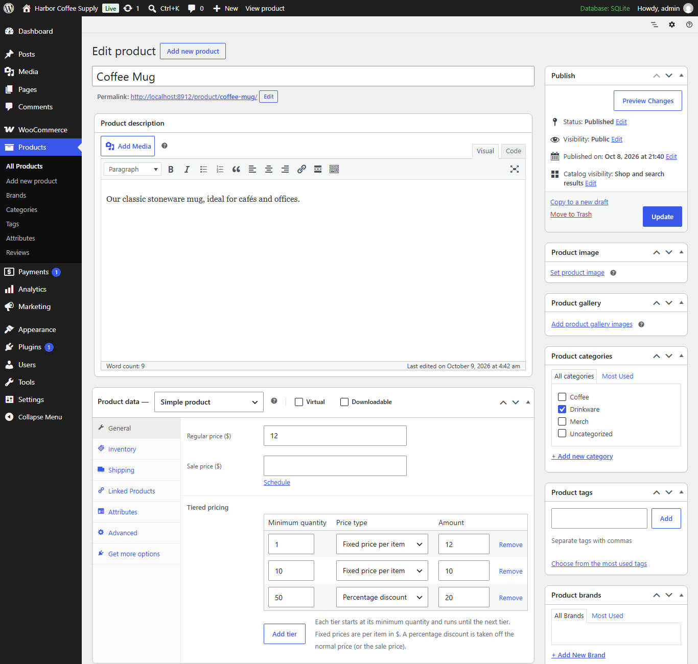 Tiered pricing rows in the product editor's General tab.