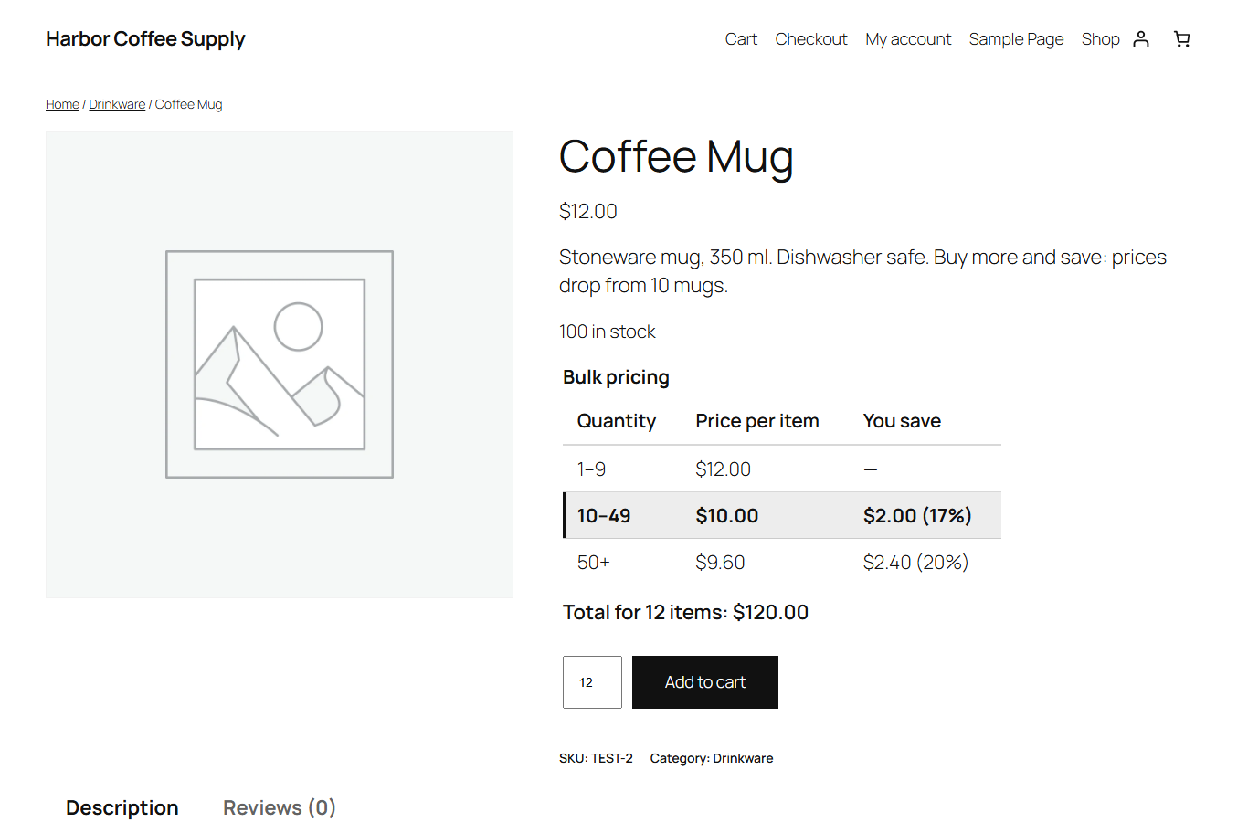 The bulk pricing table on a product page, with the active tier highlighted and the live total.