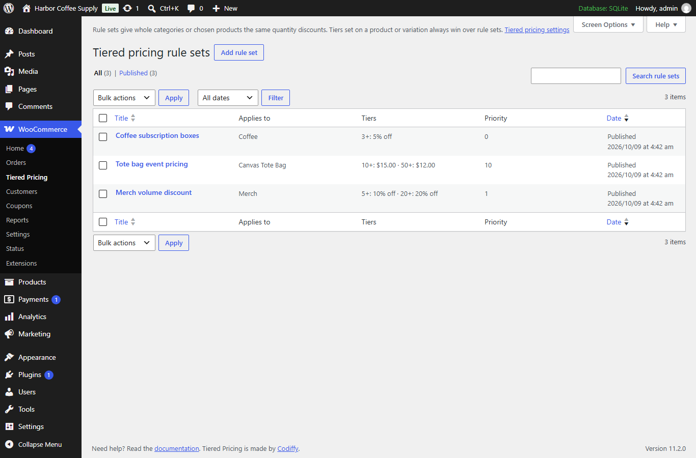 Rule sets (WooCommerce > Tiered Pricing) apply tiers to whole categories or chosen products.