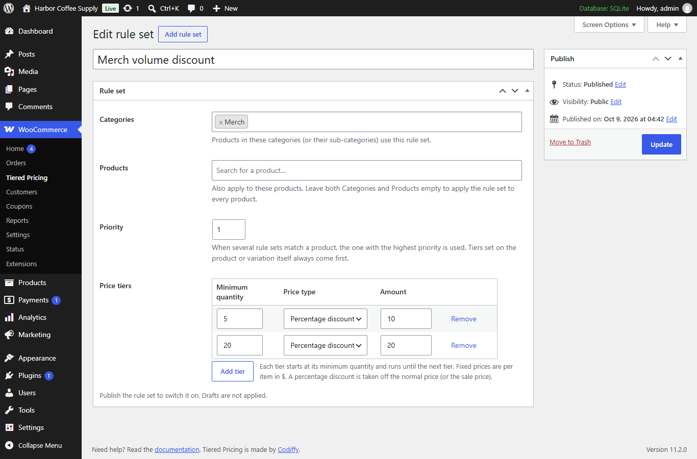 Editing a rule set: categories, products, priority and tiers.