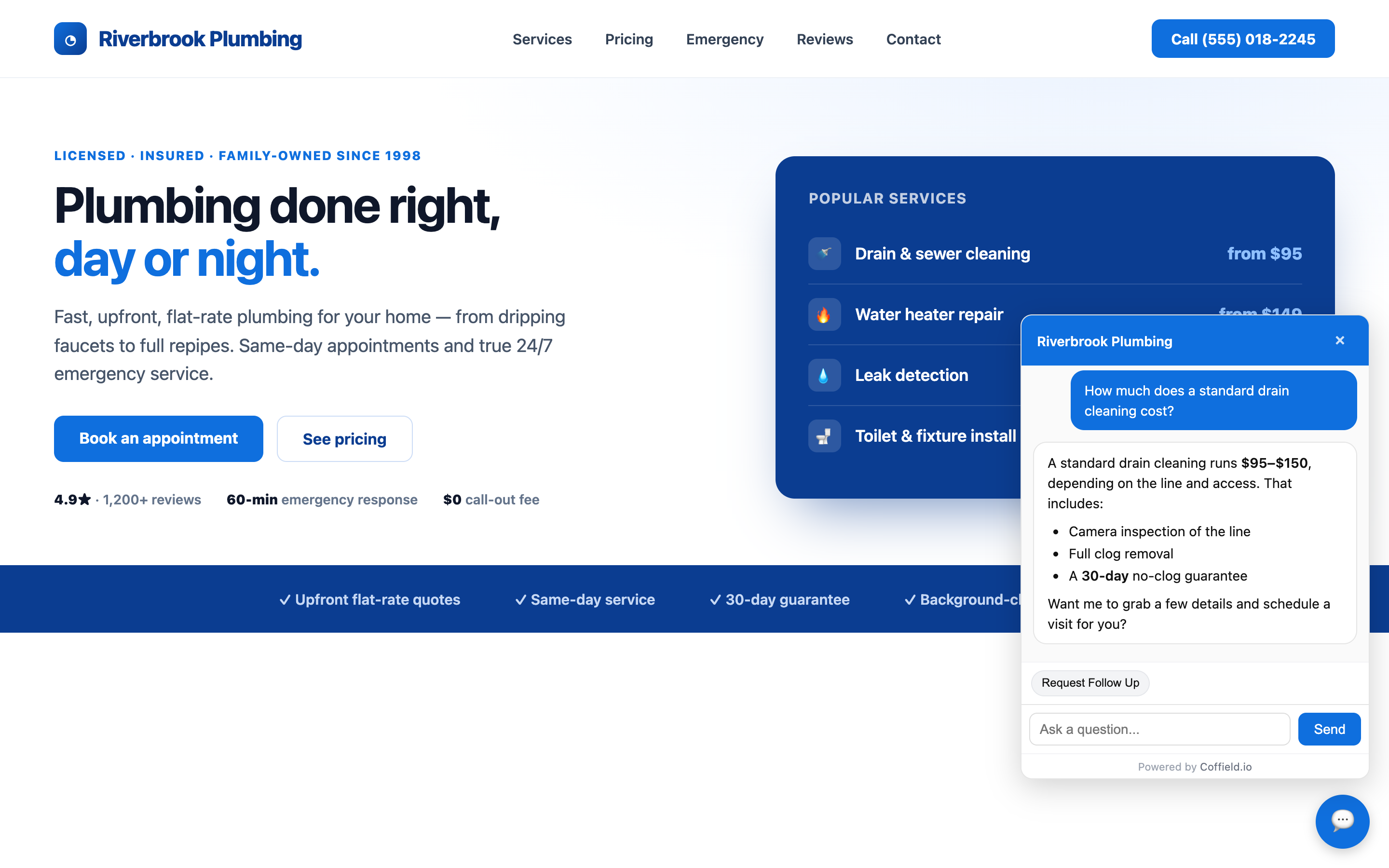 The Coffield.io AI chat agent answering a visitor question on a live WordPress site — with rich formatting and a natural follow-up.